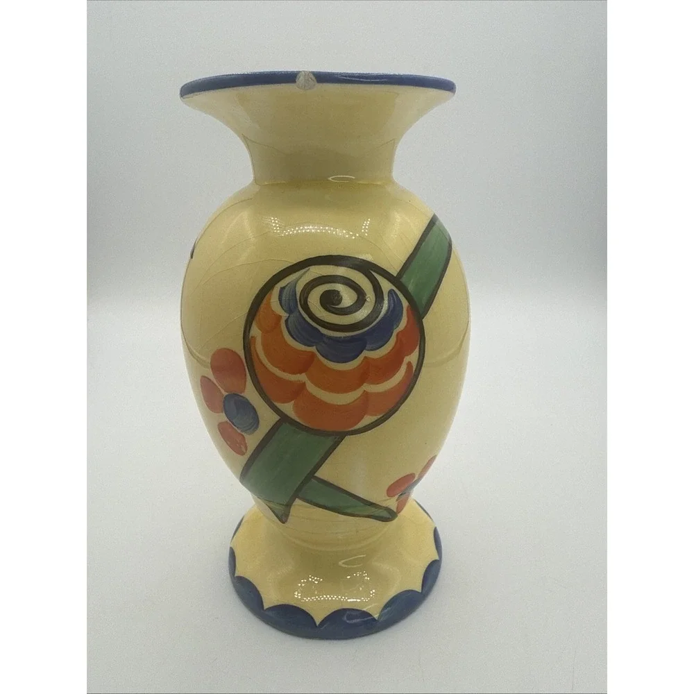Antique 1930s Czechoslovakia Art Deco Hand Painted Geometric Pottery Vase